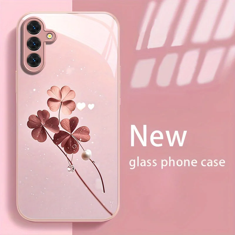 Pink Clover Pearl High-end Glass TPU QHD phone case for Samsung Galaxy S26 S25 S24 S23 S22 S21 FE,Ultra,Plus Dropresistant