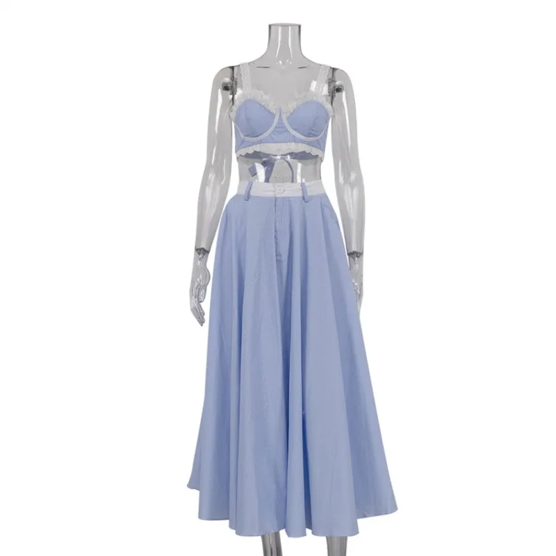 

Fashion Lace Splicing Sling Vest Spice Girl Suit Women's High Waist Swing Skirt Two-piece Set