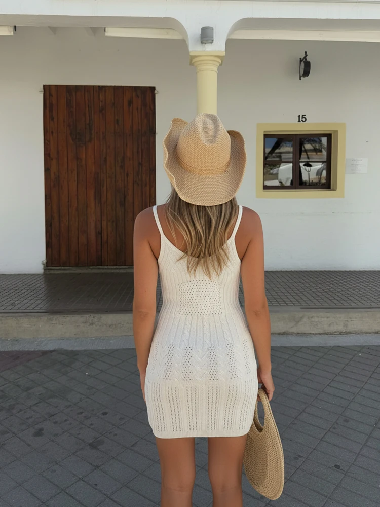 セクシーな重ね着風Vネックノースリーブバックレスニット無地ビーチミニドレス2025女性用サマー水着カバーアップパーティーウェア