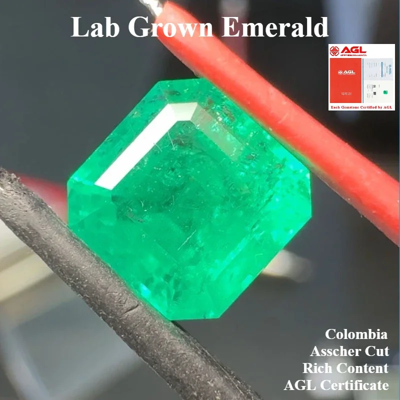 

Lab Grown Emerald Colombia Gem Asscher Cut Rich Content Crack inclusions Advanced Jewelry Making Materials AGL Certificate