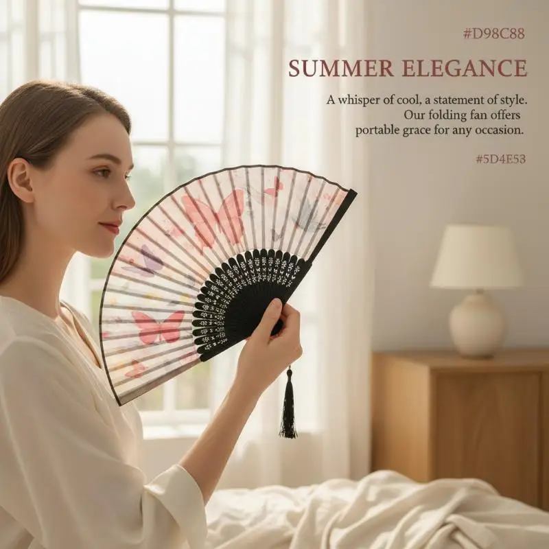 Colorful Butterfly Floral Folding Fan Chinese Style Hand Held Fan With Tassel For Wedding Dance Summer Cooling Home Decor