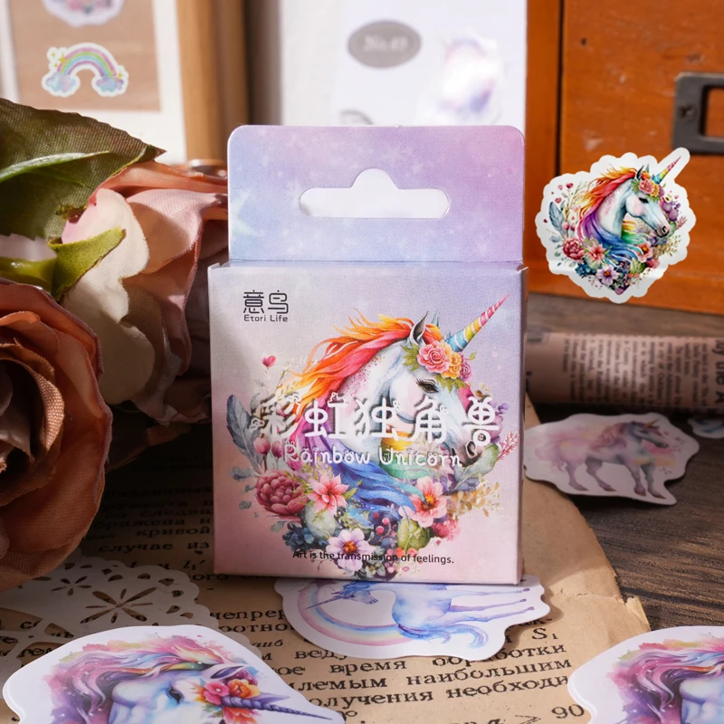 46 Stück/Box Regenbogen-Einhorn-Aufkleber für Schülerbedarf, Scrapbook, Tagebuch, Karten-Dekoration, Collage