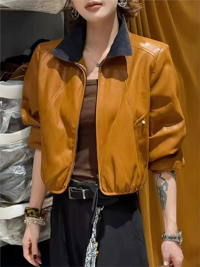 

Retro Collar Short Loose Slimming Zipper Cottonadded Leather Jacket Fashionable Versatile Protein Leather Coat for Women