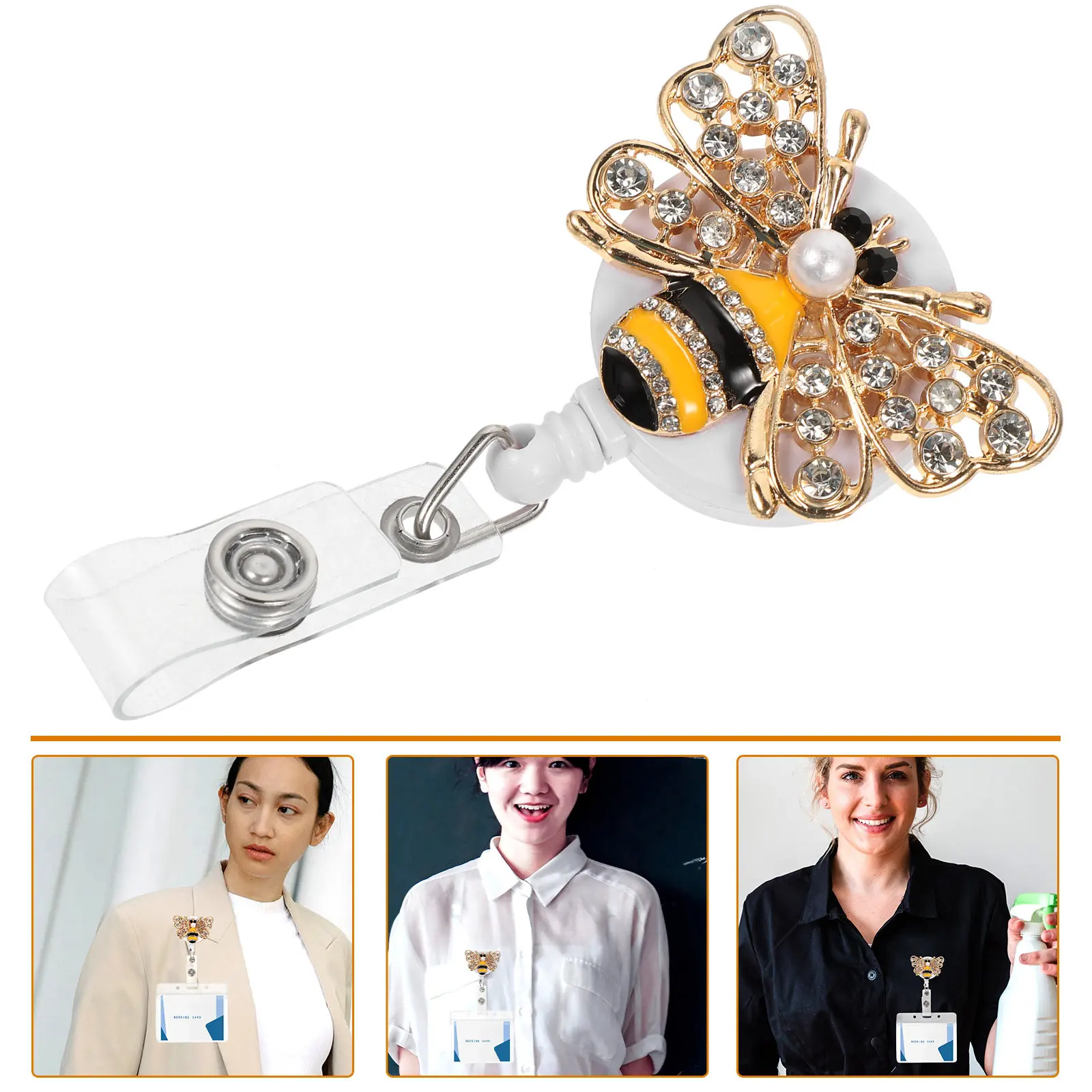 

Metal Rhinestone Alligator Clip Badge Holder Reusable Retractable Id Card Reel for Nurse Student Staff Name Tag Accessory