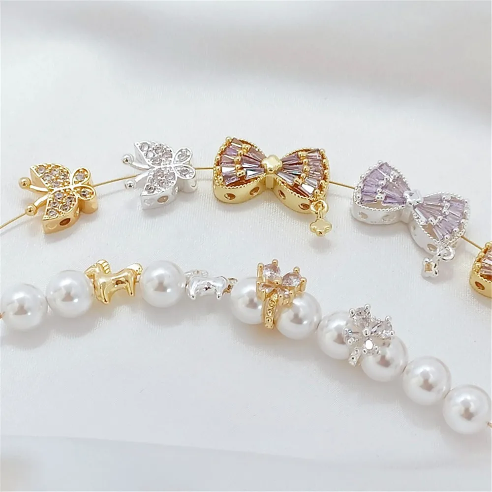Silver 18K Copper with Gold, Hollowed-out Bow, Spacer Beads, Scattered Beads, Cross Through Holes, Diy Running Ring Jewelry