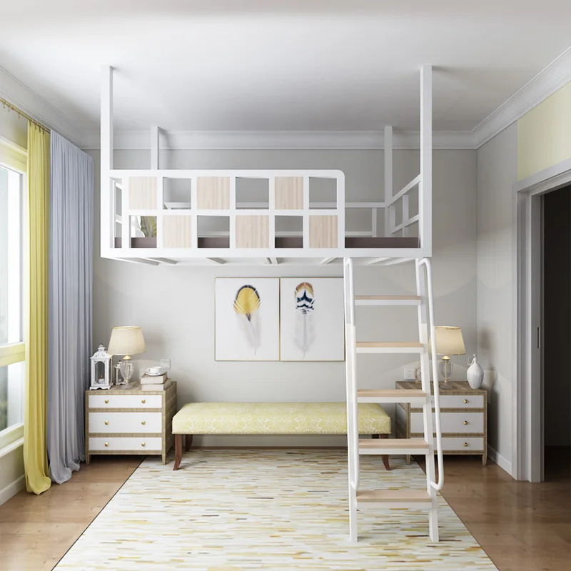 

Wrought iron raised , small apartment, space-saving, hanging loft bed, modern and simple