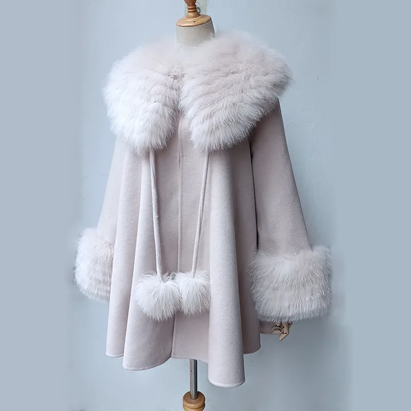 

2024 Plus Size Real Blended Coat With Real Fox Fur Collar Casual Loose Long Sleeve Cashmere Jacket With Genuine Fur