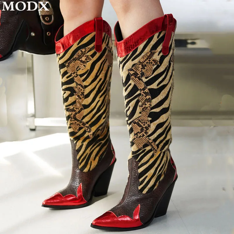 

Леопардовые ботинки в стиле вестерн, модные кожаные ботинки в стиле пэчворк с острым носком на массивном каблуке, модные тонкие рыцарские ботинки без шнуровки, подиумная обувь Botas Mujer