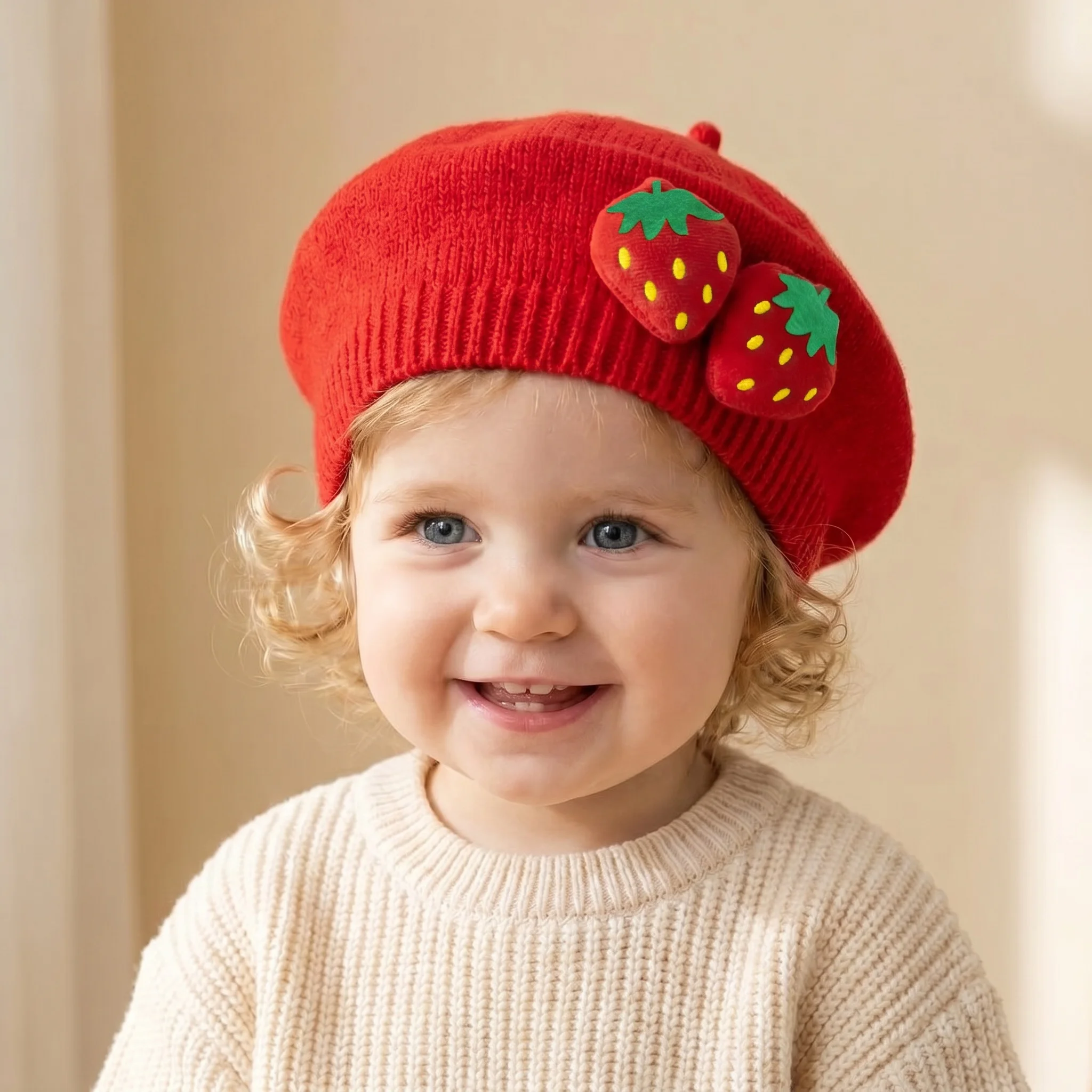 2026 New Spring Red Knit Cap Toddler Baby Girls Knitted Beret Hat Adorable Strawberry Fashion Warm Soft Outdoor Kids Headwear