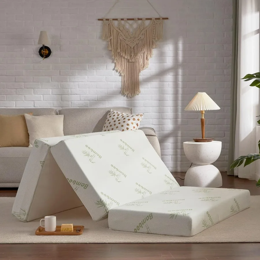 4 Inch Memory Foam Folding Mattress with Trifold Design for Guest Bed Use Cooling Cover and Waterproof Lining CertiPURUS Certif