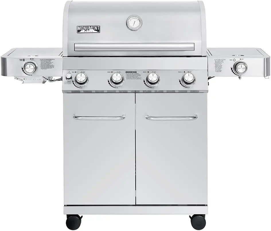 Monument Grills 4-Burner Propane Gas Grills Stainless Steel Cabinet Style with Side & Side Sear Burners Built-In Thermometer