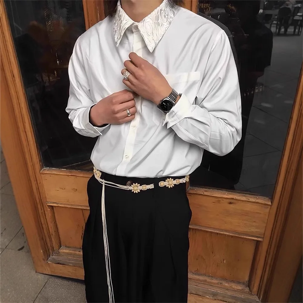 All Seasons Men's White Embroidered Floral Collar Shirt Elegant Turn Collar Business Shirts For Men Clothing