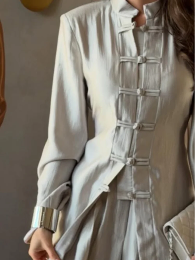 

Lady Chinese Style Long Satin Blouses Two-piece Set Stand Collar Frog Button Robe Wide Leg Pants Suit Elegant Loungewear Outfit