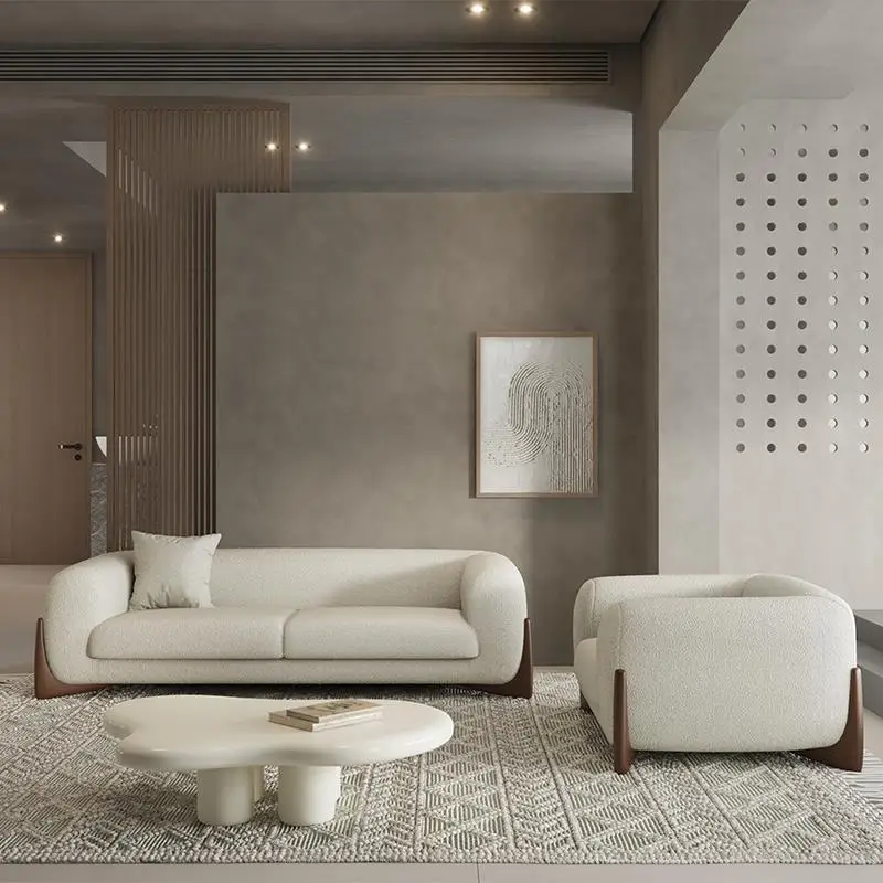 

Sofa small apartment living room log cream style furniture Japanese wabi-sabi style straight row three-person lamb wool sofa