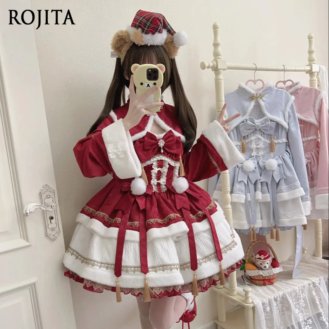 

Red New Year OP Long Sleeve Dress Autumn Winter Japanese Original Design Cute Girl Lolita Dress Kawaii Dress