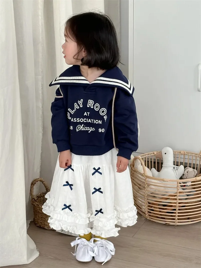 Spring Children Letter Printed Sweatshirts Sailor Collar Korean Style Unisex Kids 2024 New Casual Pullovers Tops