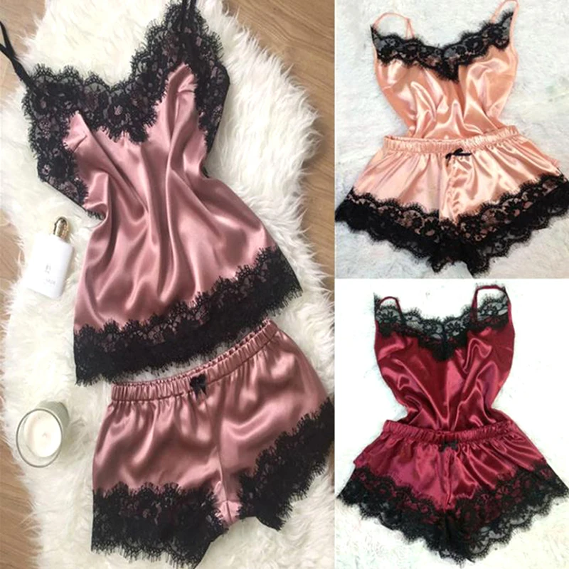 Fashion Nightwear Lace Trim Satin Cami Top Pajama Sets Sexy Hot Erotic Home Wear Women Pajamas Female Sleepwear Sleeveless Strap