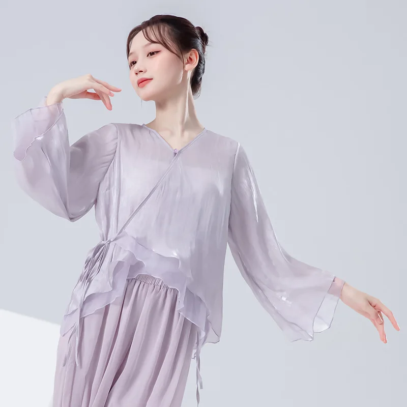 

Топ для классического танца женский, с V-образным вырезом, двухслойная, струящаяся блузка, глянцевая, в традиционном китайском стиле, для выступлений, костюм Ханьфу