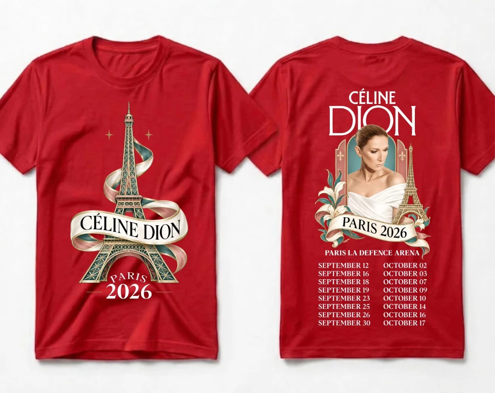Celine Dion Paris 2026 Eiffel Tower Graphic T Shirt Singer Double Sided Short Sleeve Cotton Tee Family Y2K Harajuku Unisex Top