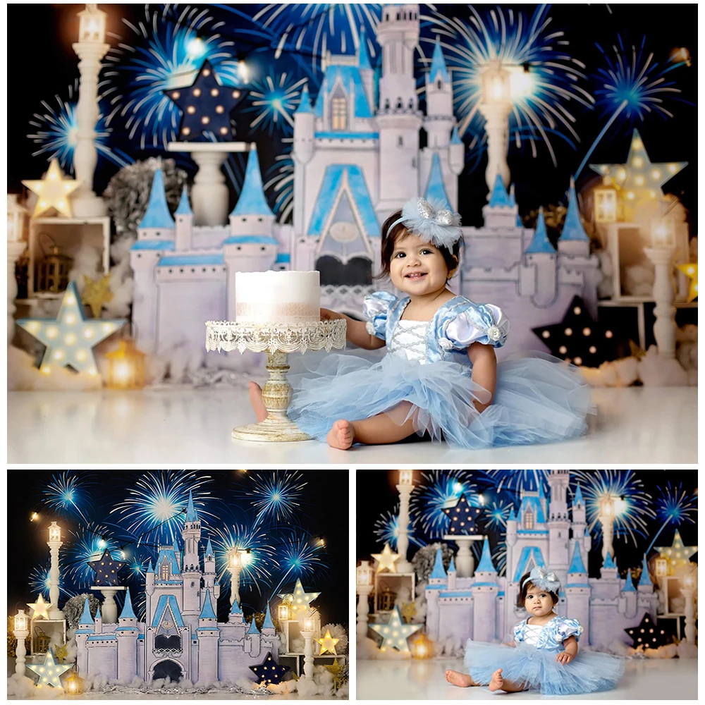 Blue Dream Castle Photo Background Children Birthday Cake Smash Photography Backdrop Cloth Kids Portrait Photo Studio Props