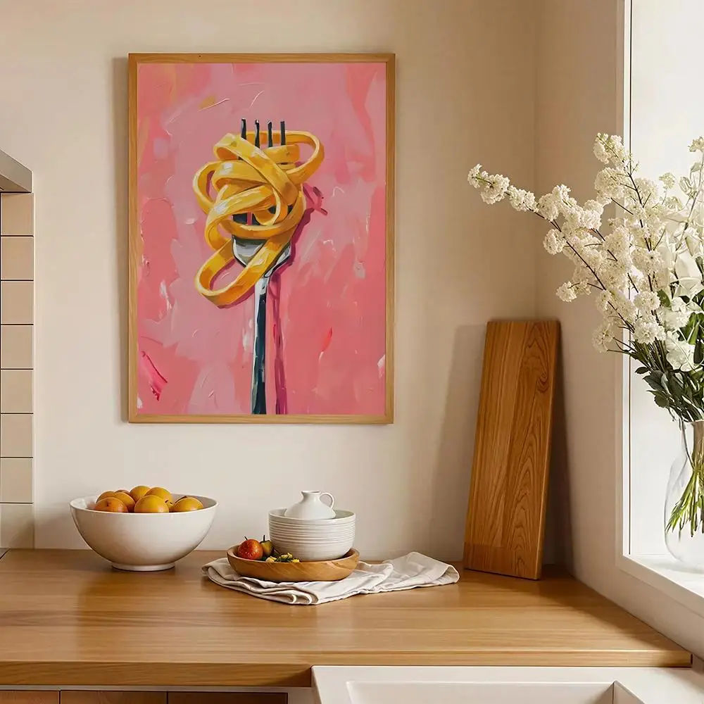 Spaghetti Pasta HD Wall Art Poster Pink Fork Italian Food Illustration Whimsical Kitchen Decor Housewarming Home Gift