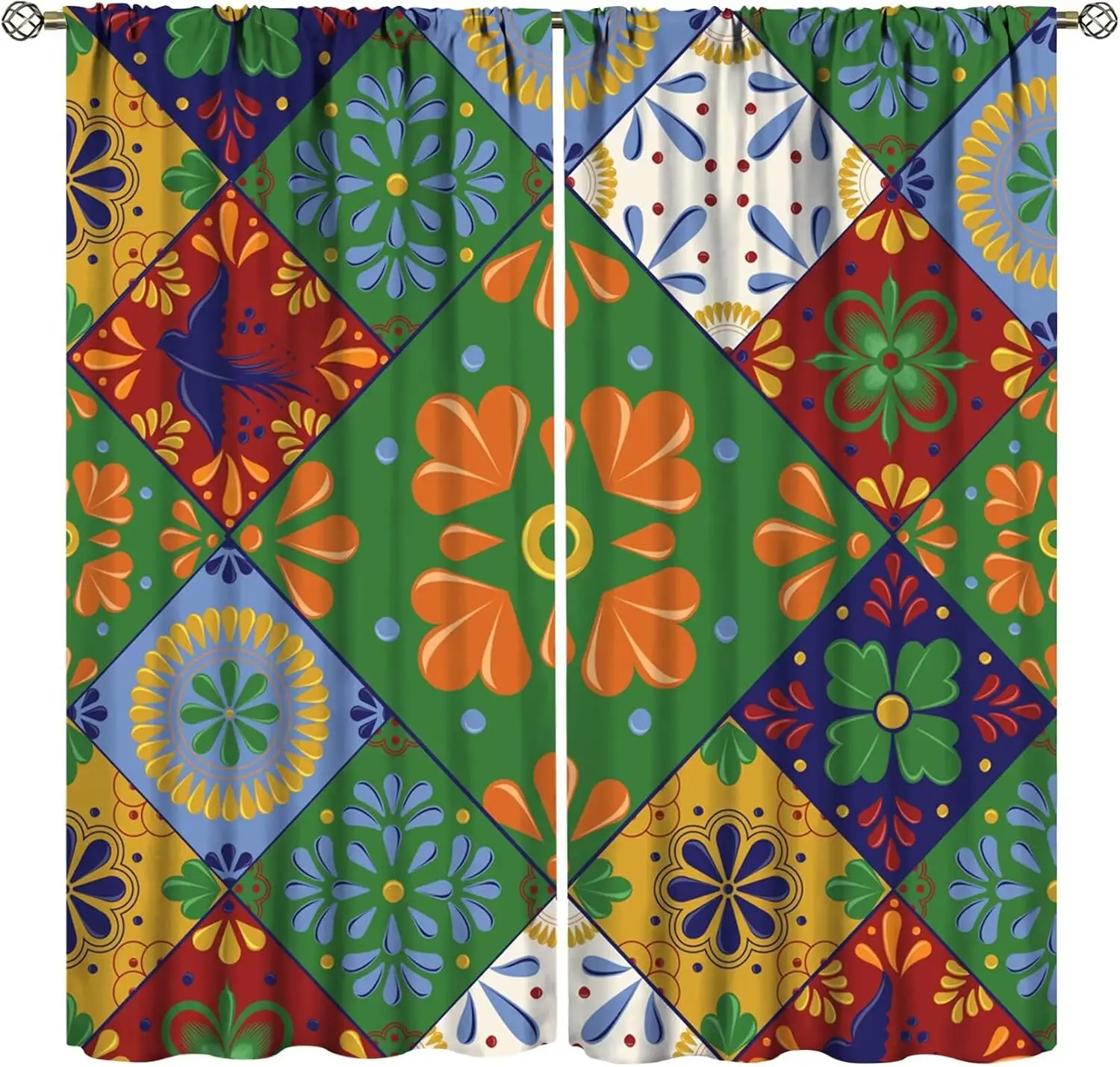 2 Panels Mexican Talavera Diamond Tile Curtains Color Floral Swallow Geometric Ceramic Print Drapes Boho Kitchen Bedroom Window