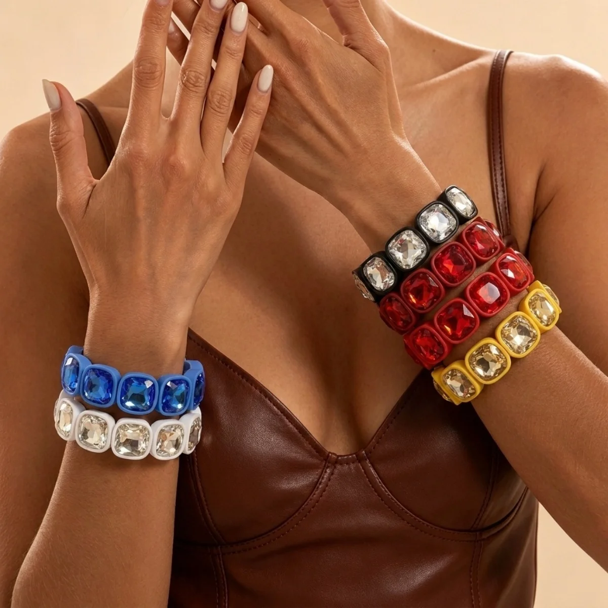 Dopamine Colorful Rhinestone Square Beaded Spliced Bracelets For Women Men Simple Cute Charm Geometric Bangle Party Jewelry Gift