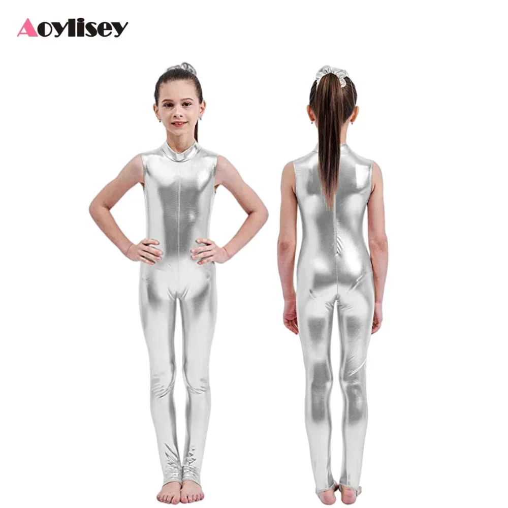 ชุดจั๊มสูทแขนกุดสีเมทัลลิกสำหรับเด็กผู้หญิง ซิปหลัง ชุดเต้นบัลเลต์ ชุดแสดงบนเวที ชุดยูนิทาร์ด คอสเพลย์ ชุดฮาโลวีน