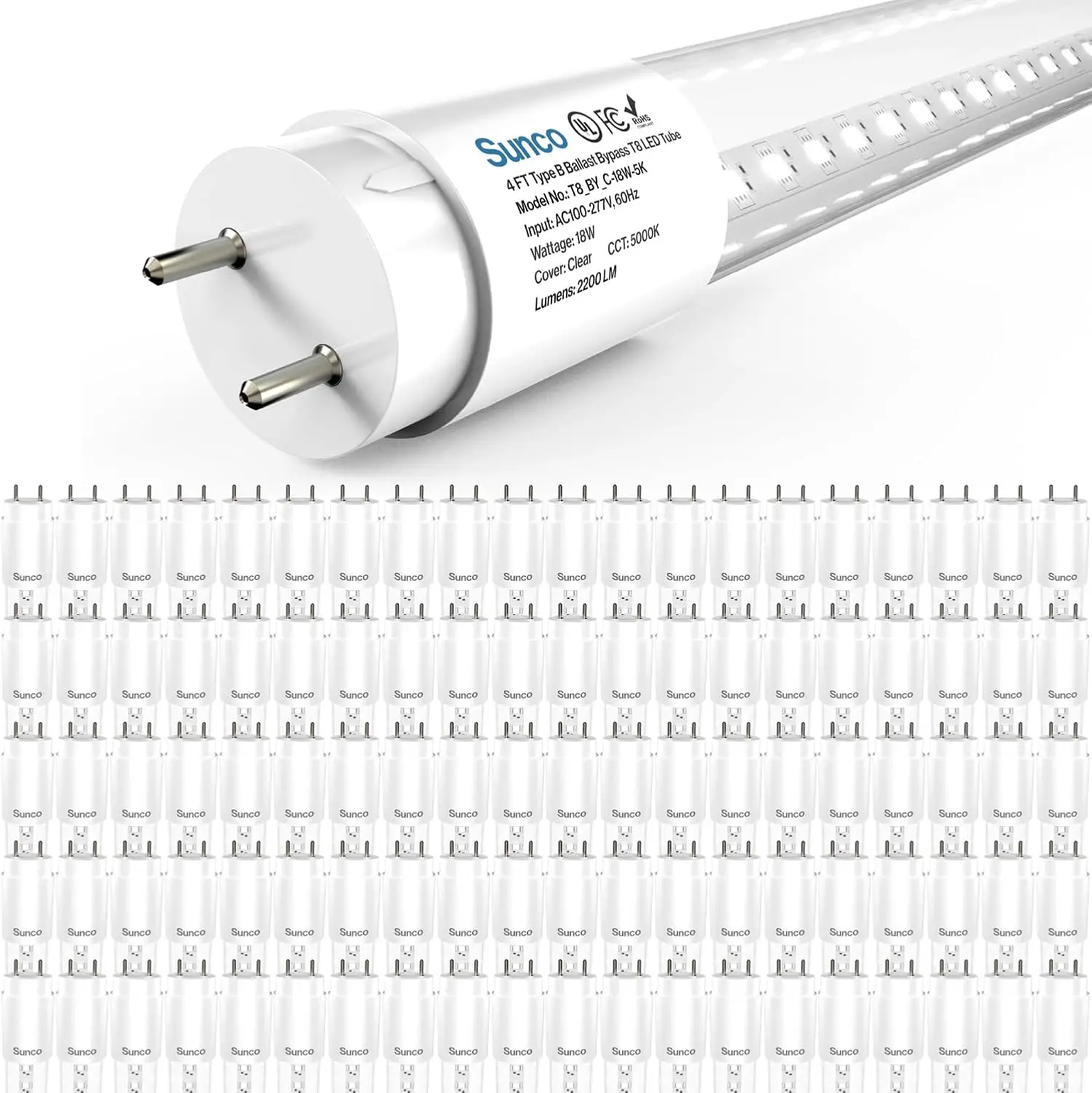 Sunco 100 Pack T8 LED Bulbs 4 Foot, LED Fluorescent Tube Replacement, 4ft LED Tube Light,18W, 2200 LM, 5000K Daylight,