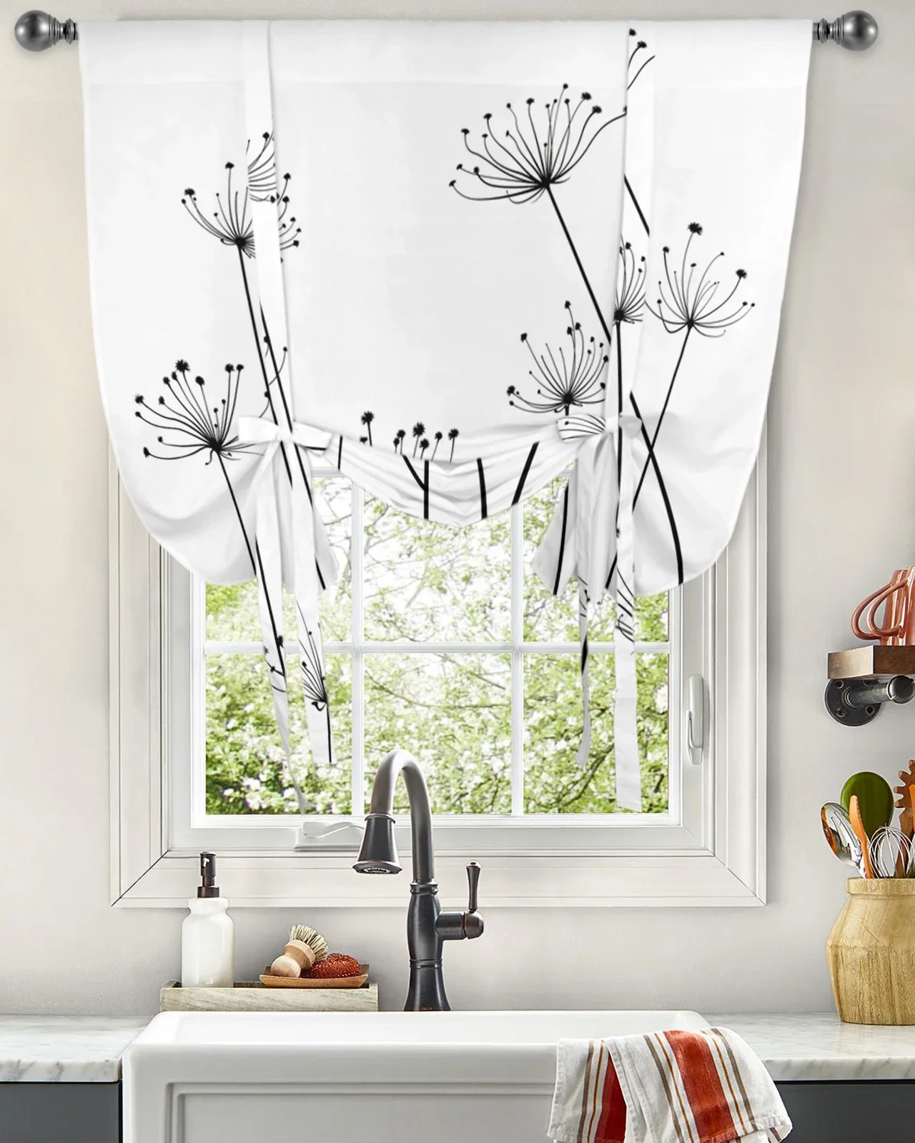 Dandelion Plant White Black Window Curtain for Living Room Roman Curtains for Kitchen Cafe Tie Up Short Drapes