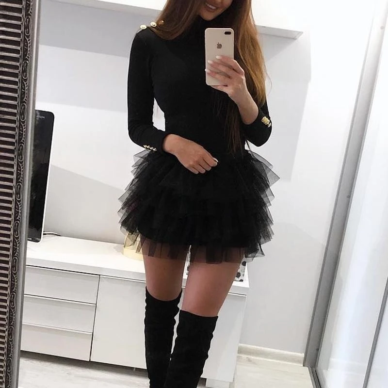 Elegante vestido superior de manga comprida para mulheres novo em camadas plissado borda vestido fofo malha manga comprida festa mini vestido