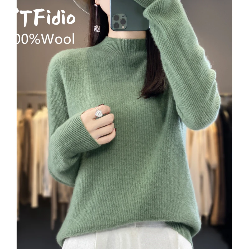 YTFidio 100% Wool Women Half High Collar Solid Slim Tops Outerwears Knitted Pullover Office Lady Solid Elastic Pullover 90