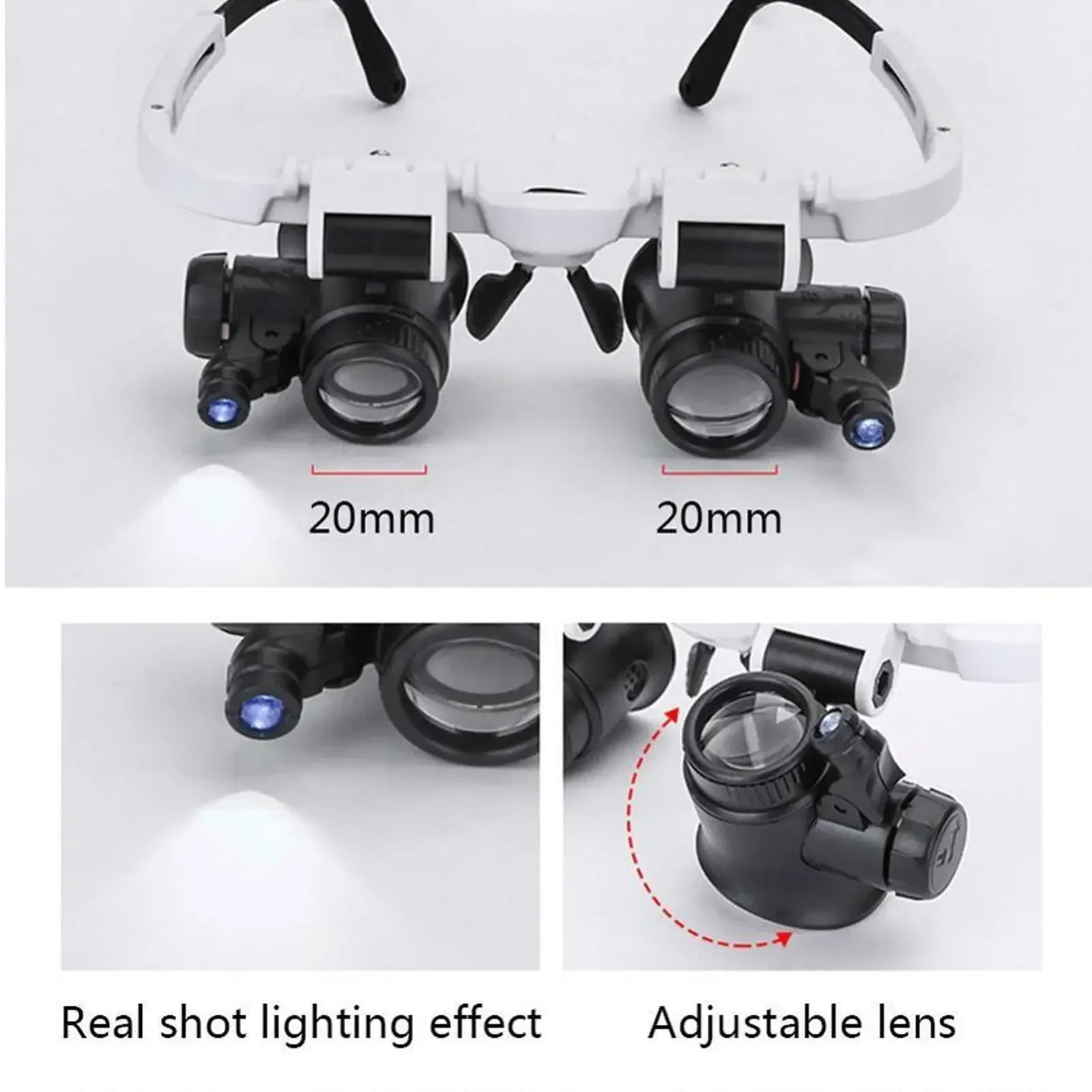 Head-Mounted Microscope Watch Jeweler Repair Magnifier with LED Light 8X 15X 23X Telescopic Magnifying Glasses Reading Loupe Len