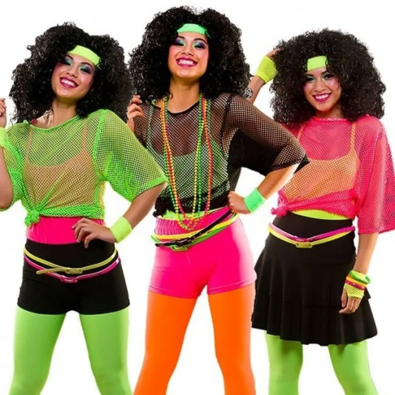 Women Neon 80s Dance Party Top Fishnet Mesh Shirt 1980s Party Costume