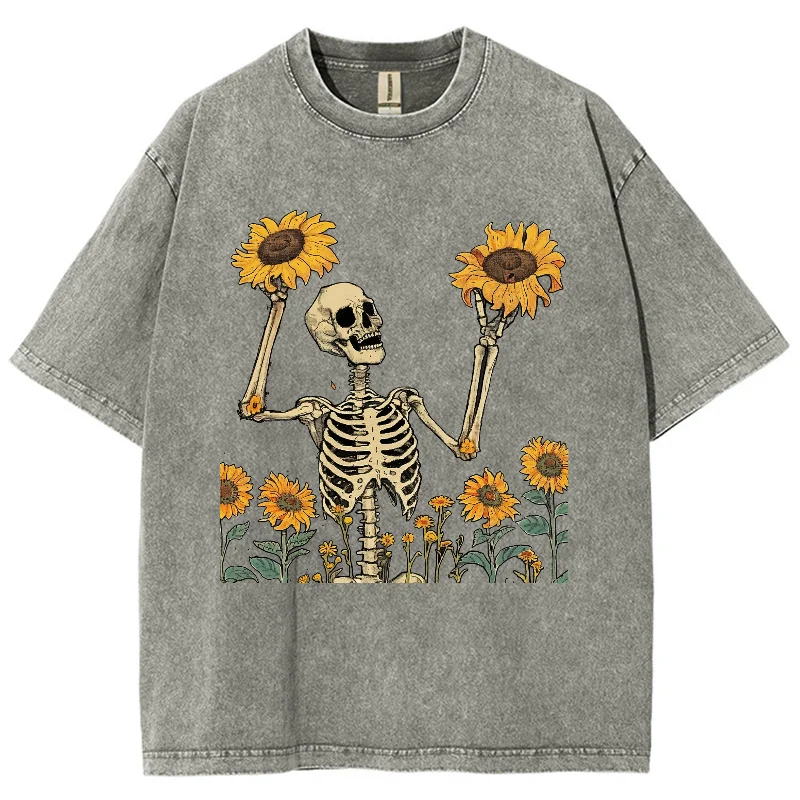 Skull Sunflower Print Fashion Design t-shirt Teen Student oversize allentato manica corta High Street Hip Hop Top estate 2024