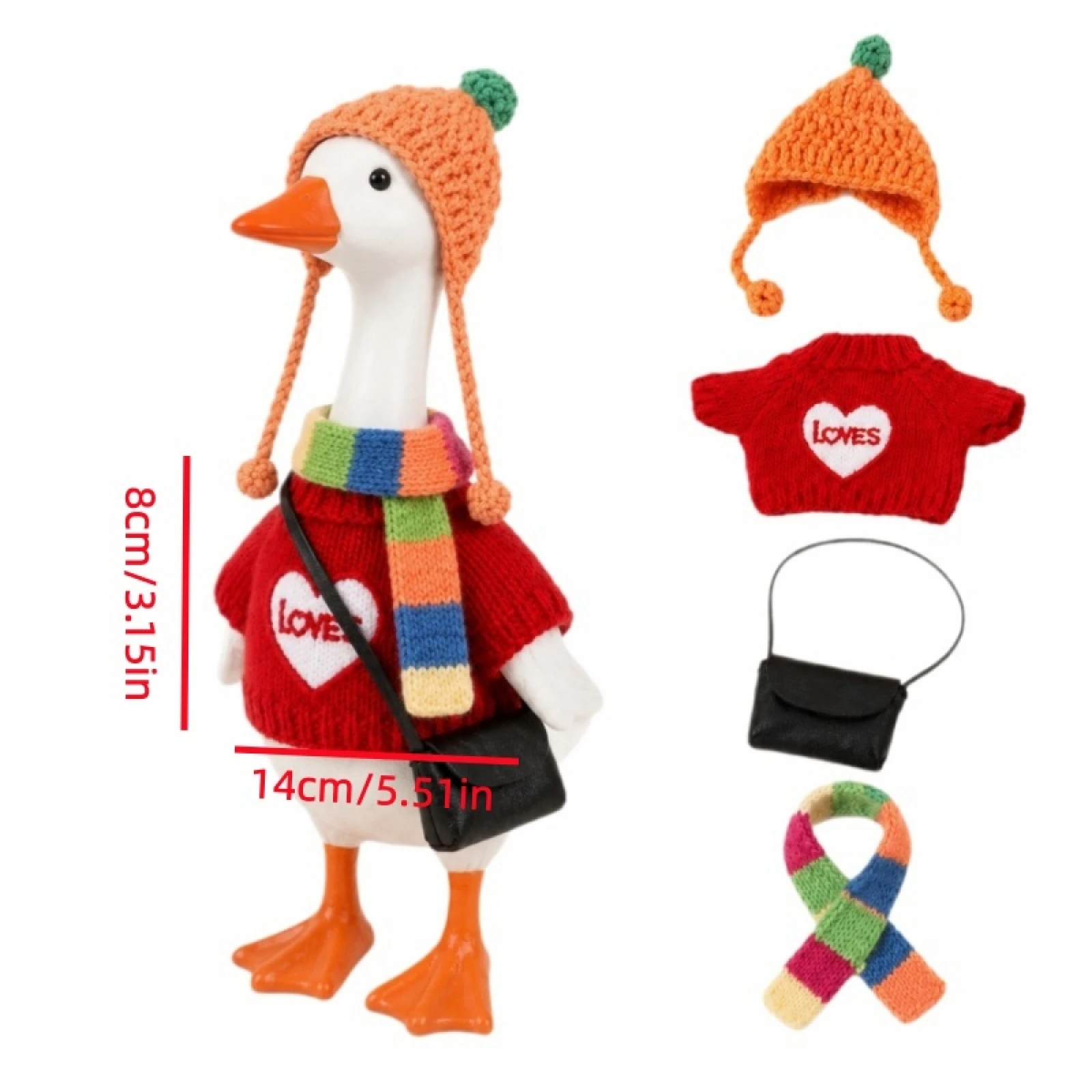 7-Zoll-Schreibtischgans-Outfits: Strickpullover mit Mütze, Umhängetasche und Schal