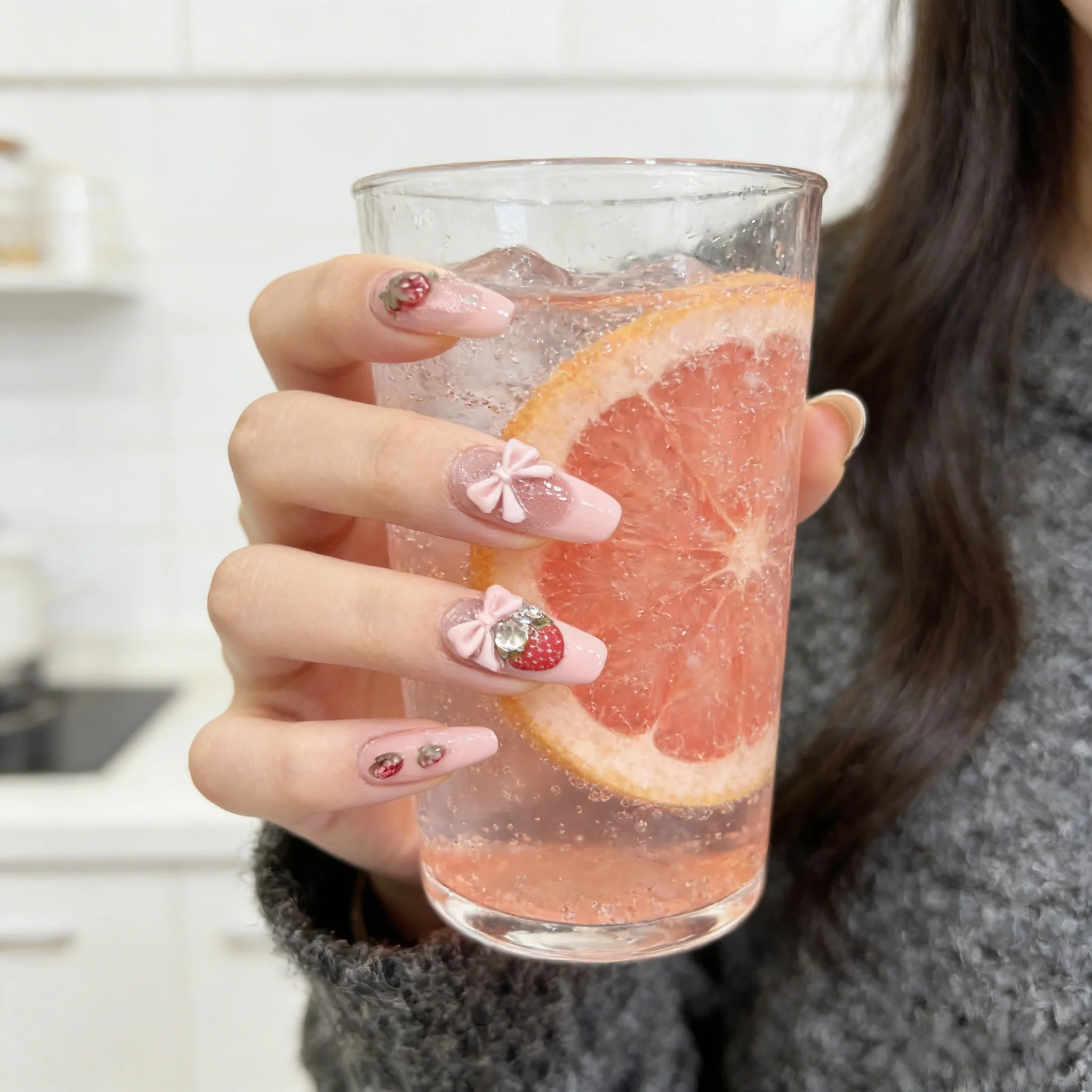 

10pcs Pink Adorable Cat Eye Handmade Nails Strawberry Bow Press-on Nails Long Almond Fake Nails for Women&Girl False Nail