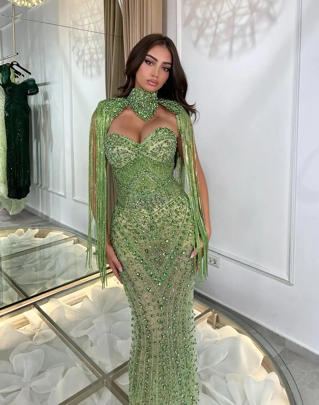 

New Design Sexy Glittering Crystal Evening Dress With Ribbon Charming Fashion Slim Mermaid Prom Formal Party Dress