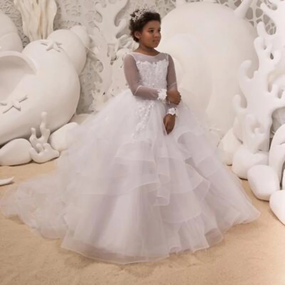 

UETEEY White Flower Girls Dress Princess Full Sleeve Tulle Long Kid Buttons Back Sexy A-Line Pageant Party Dress