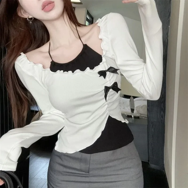 

Kawaii сексуальный комплект из двух предметов, женский топ с лямкой на шее, японская мода, тонкие укороченные топы, женские милые уличные футболки с рюшами Y2k, новинка 2023 года