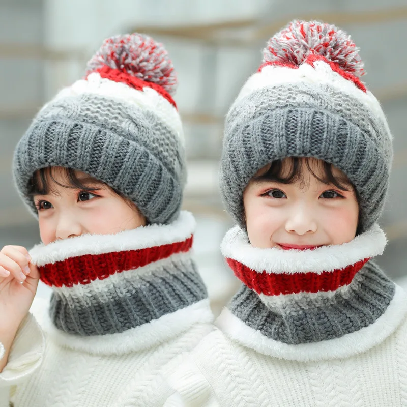 Gorro de bola de lana de punto de terciopelo grueso para niños, bufanda cálida para niñas, gorro de cobertura para niños, versión coreana, lindo y dulce, Invierno