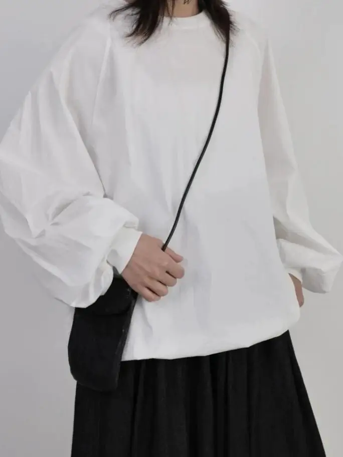 

Женская свободная блузка с длинным рукавом и круглым вырезом, с завязками, рукава-фонарики, темно-серая, весна 2025, простой стиль, топ из смесового хлопка