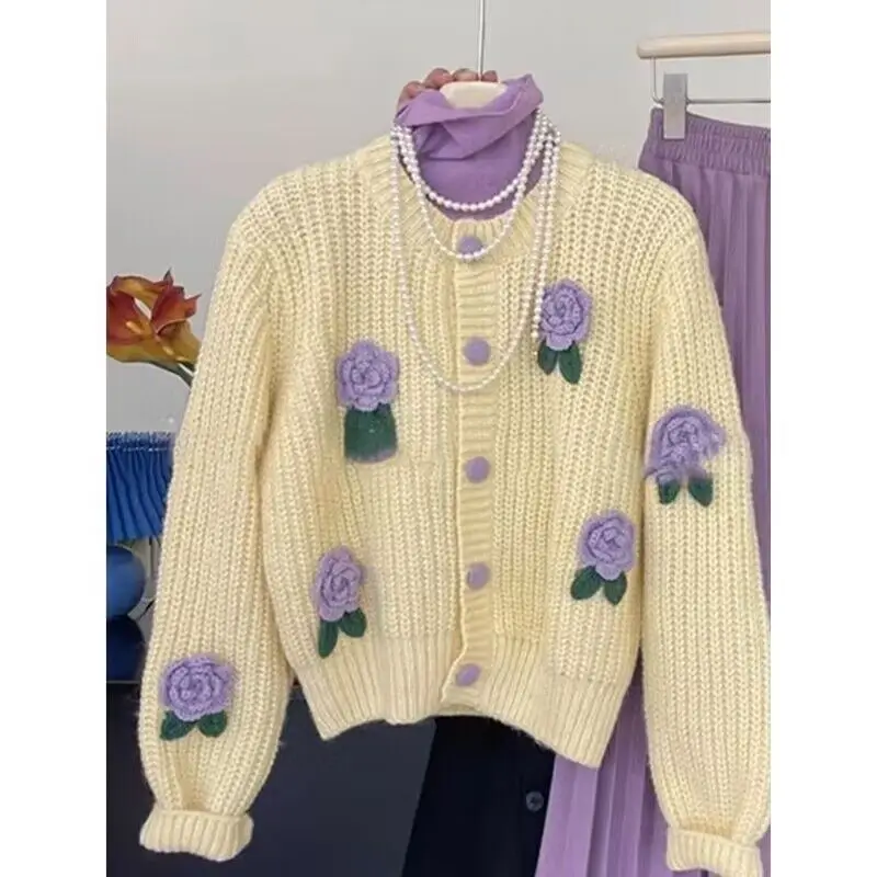 Autumn Women\'s Sweet Rose Cardigan Flower Knit Sweater