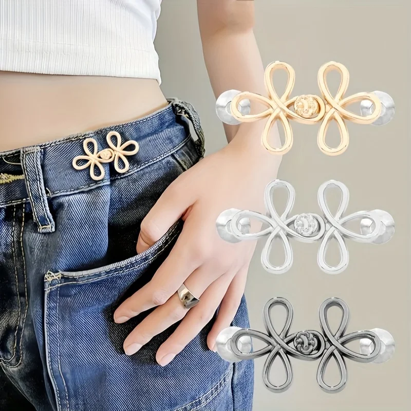 2PCS Lucky Four-Leaf Clover Alloy Waist Clips - No-Sew Adjustable Detachable Buckle for Pants/Skirts, Fashion Jewelry