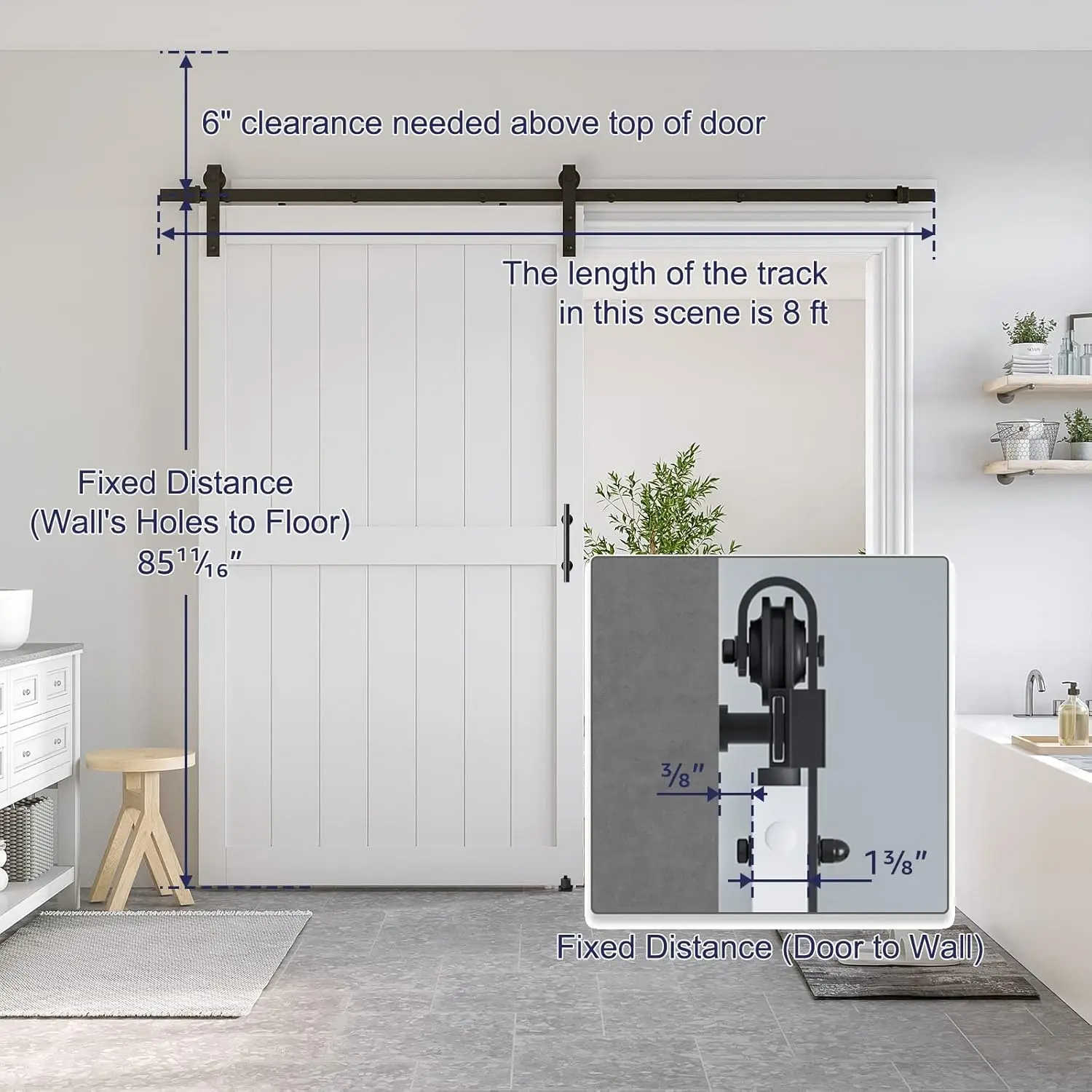 Smartstandard 48 X 84 Inch White Slidng Mdf Barn Door With 8Ft Black Sliding Door Hardware Kit & Handle, Pre-Drilled Ready To