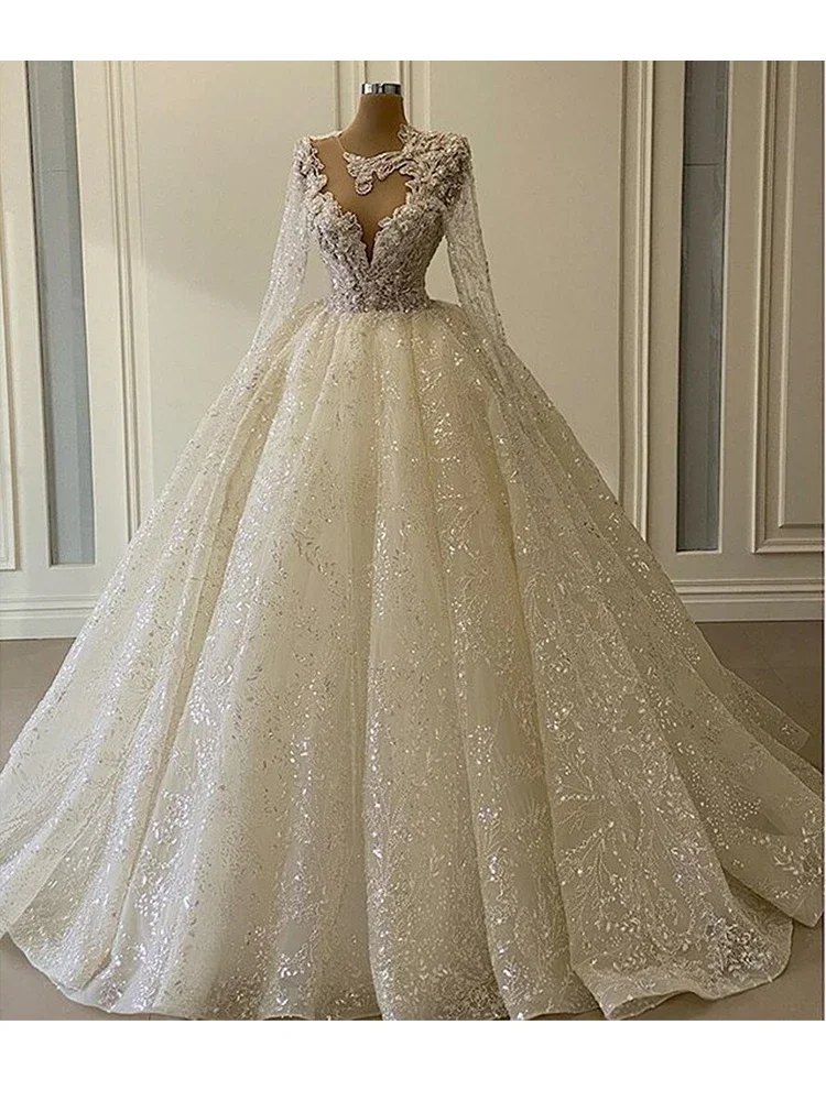 Vestido de novia de lujo con lentejuelas, manga larga, cuello redondo transparente, cuentas de princesa, personalizado, 2024