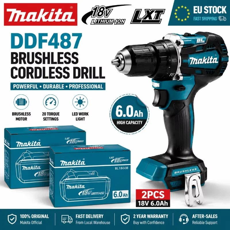 Makita 18V LXT Bürstenloser Akku-Bohrschrauber DDF487 + BL1860B BL1840 6.0Ah Akku-Pack OEM Original Hochdrehmoment-Elektrowerkzeug-Set EU-Lager Schneller Versand