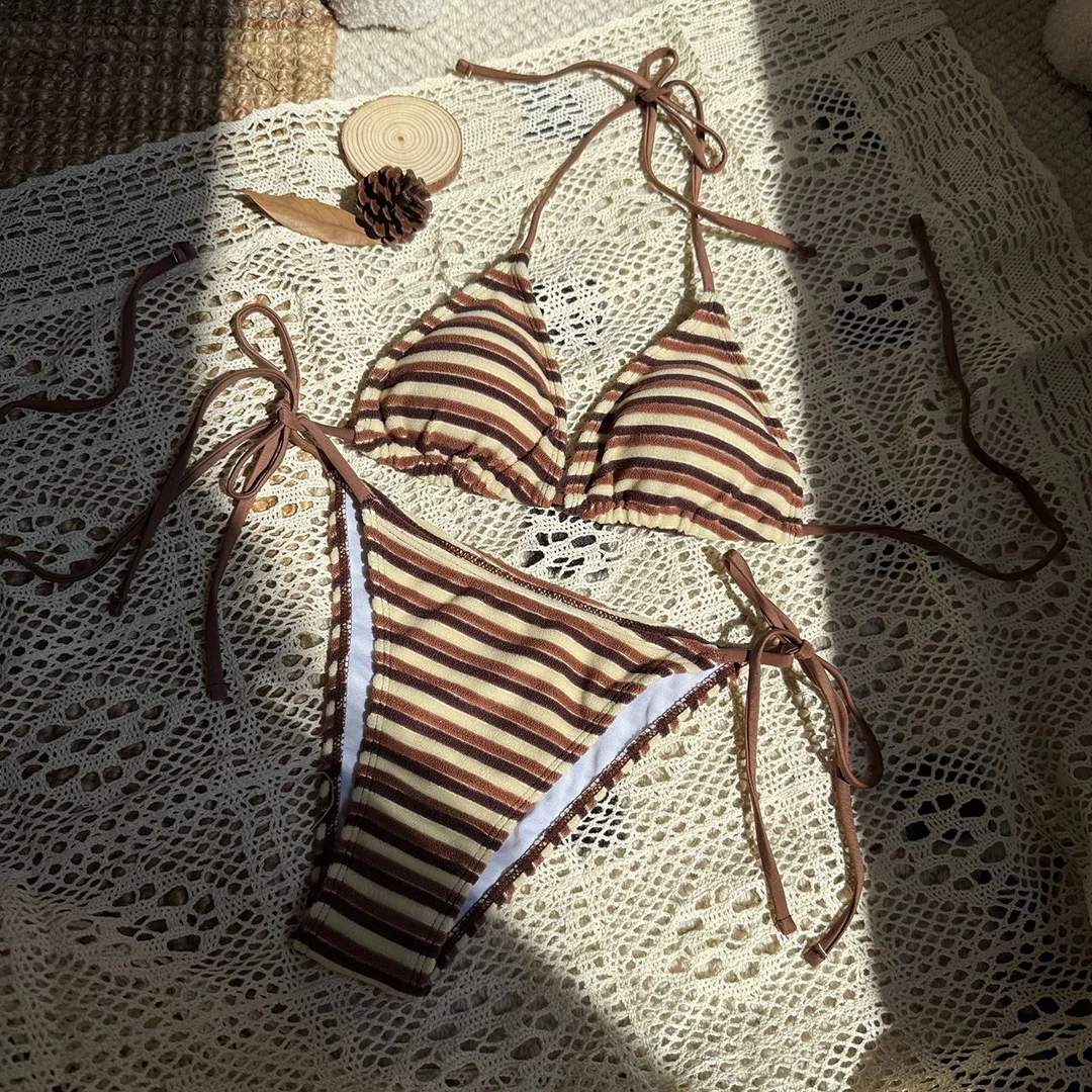 8 Farben, pinkfarbenes zweiteiliges Bikini-Set, gestreiftes Bikini-Oberteil mit hohem Beinausschnitt, Damen-Badeanzug, Damen-Badebekleidung, Badeanzug, Schwimmanzug V5540. – Detail 12