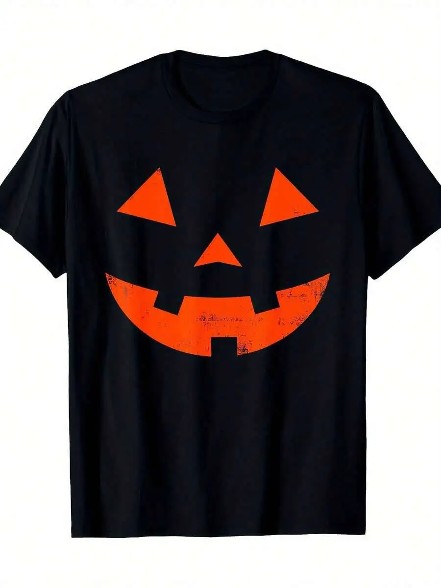 Men's Halloween Pumpkin Face Graphic T-Shirt - Black Crew Neck Tee With Orange Jack-O'-Lantern Design, Soft Knit Fabric, 100%