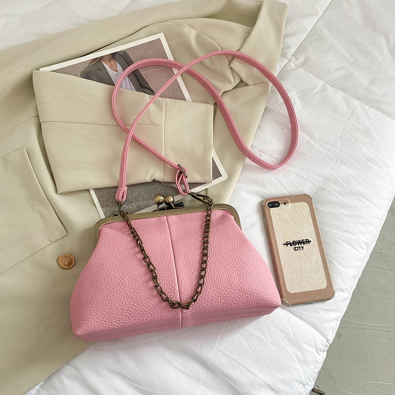 Vintage Soft Skin Shell Tasche Neue Lychee Muster Handtasche Einfache und vielseitige Umhängetasche Clip Kette Umhängetasche Damen Tasche – Detail 26